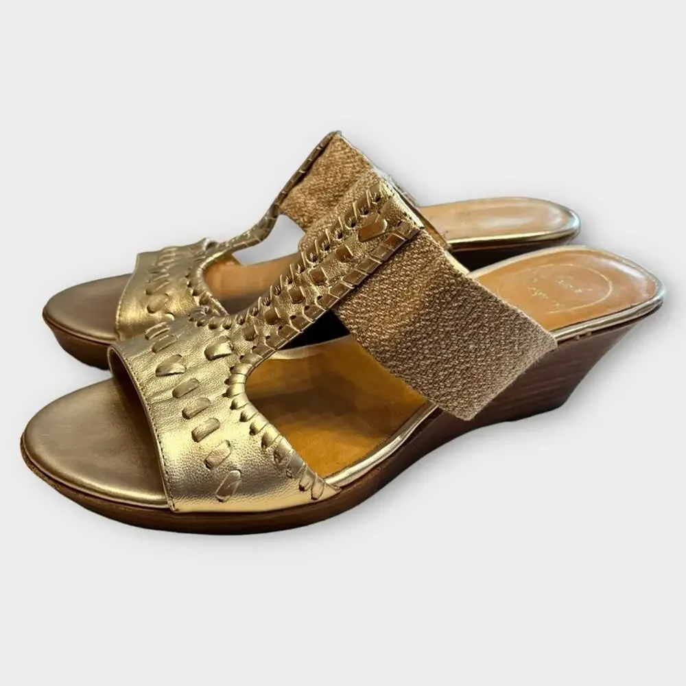 JACK ROGERS Nora Neutral Tan & Metallic Gold Wedge Sandals Size 8.5